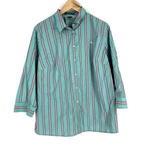 Lauren Ralph Lauren Top Size 1X Womens Green Stripe Long Sleeve Button Up Blouse